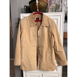 Vintage Tan Suede Leather Barn Jacket Button Front Mid Length Coat LARGE